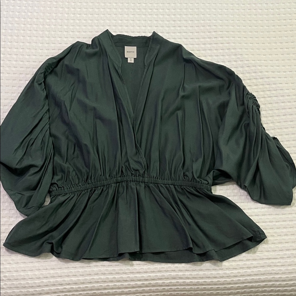 Maeve Forest Green V-Neck Peplum Blouse